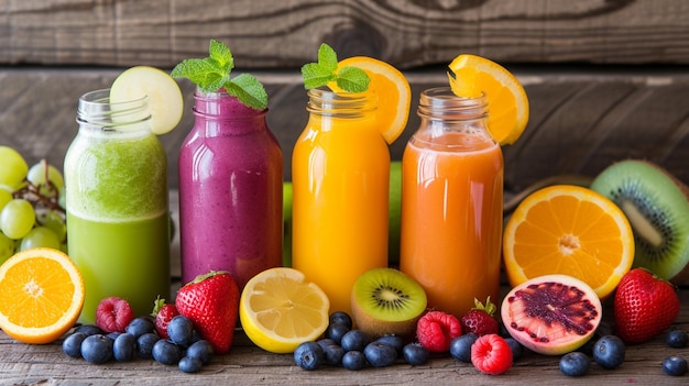 botellas de jugo de frutas y batido con frutas frescas en mesa de madera Generativo Ai