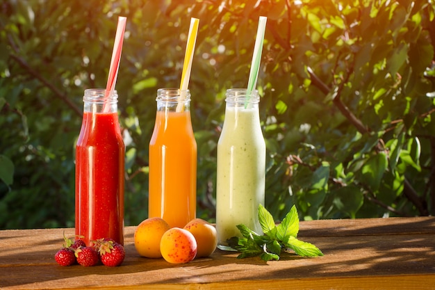 Botellas con jugo y frutas, concepto de comida. Verano luz del sol