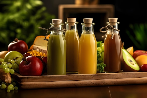 Botellas de jugo de frutas sobre mesa de madera