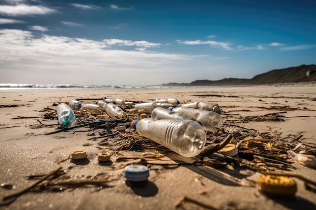 Botellas y latas de plástico sucias que tiran basura en la playa IA generativa