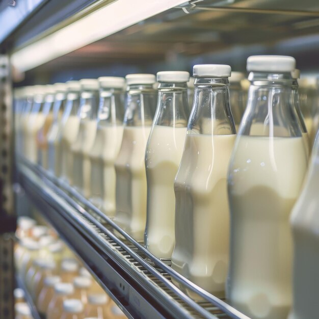 Botellas de leche apiladas una al lado de la otra en un estante de una tienda
