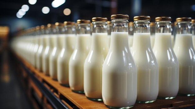 Botellas de leche en la cinta transportadora en la fábrica