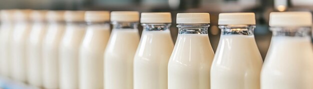 Botellas de leche fresca a base de plantas alineadas en la línea de producción que muestran un proceso de llenado limpio y eficiente. Las botellas están listas para la distribución que reflejan las prácticas de fabricación modernas.