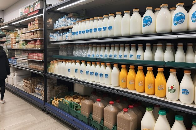 Botellas de leche fresca en una tienda de comestibles en Atenas, Grecia, el 9 de enero de 2022