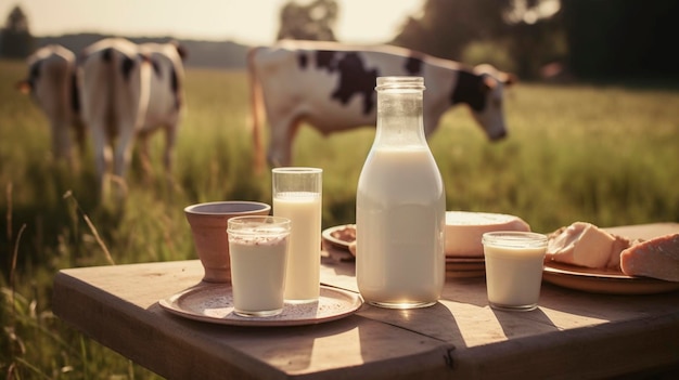 Botellas de leche en una mesa frente a una vaca