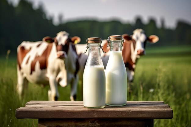 Foto botellas de leche en una mesa con vacas en el fondo generativo ai