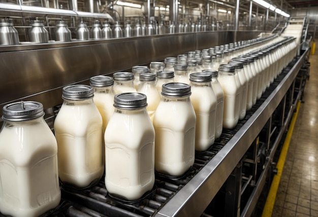 Botellas de leche moviéndose a lo largo de una cinta transportadora IA generativa