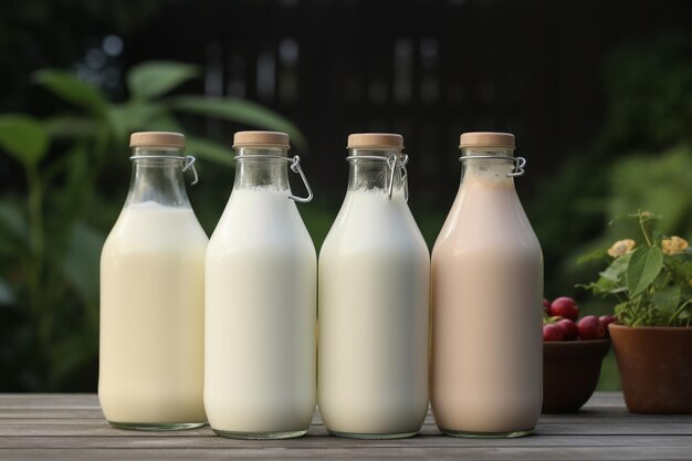 Botellas de leche sobre una mesa con cerezas al fondo