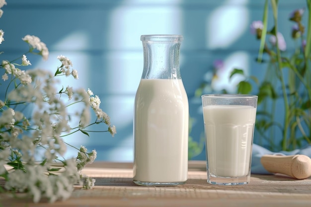 Botellas de leche y vasos en mesa de madera con fondo azul