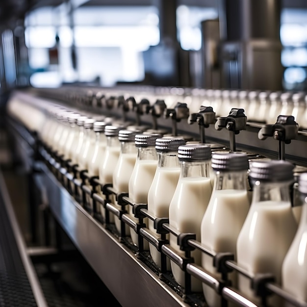 Botellas de leche en viaje automático o cinta transportadora en fábrica de leche de vaca pasteurizada AI generado