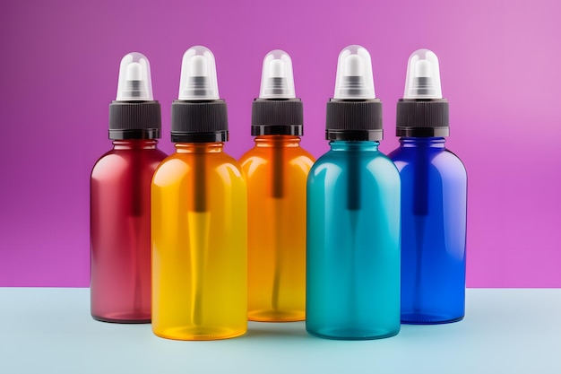 botellas de líquido en blanco de colores sobre un fondo de color púrpura