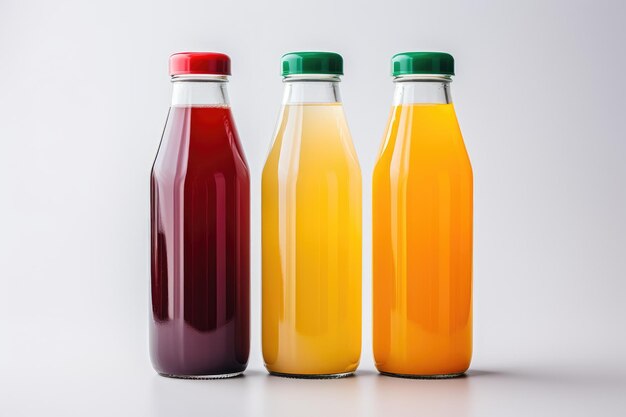 Botellas con líquido multicolor o jugo de frutas múltiples sobre un fondo blanco