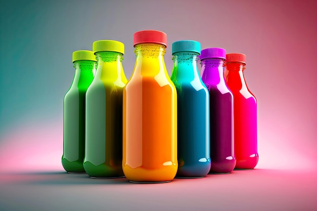 Foto botellas multicolores brillantes con jugo de desintoxicación para una nutrición dietética saludable