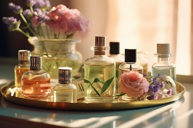 Botellas de perfume y flores en la mesa en el vestidor vista de cerca