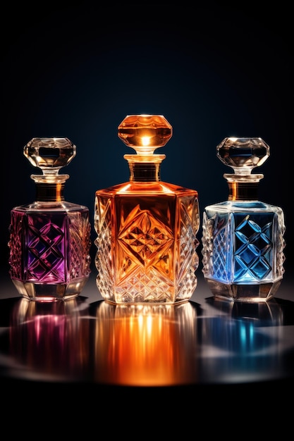 Foto botellas de perfume en una mesa sobre un fondo oscuro