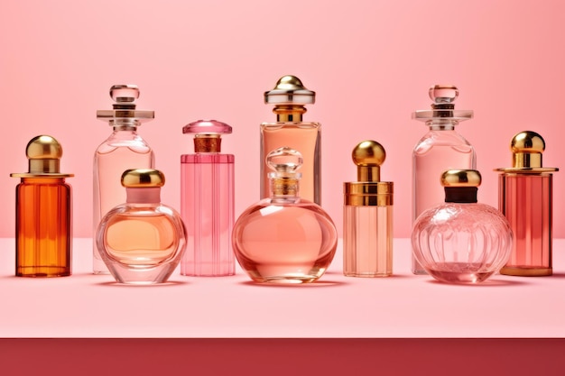 Botellas de perfume un montón de botellas de vidrio multicolores transparentes de cosméticos en un fondo rosa ai generativo