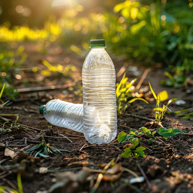 Las botellas de plástico arrojadas a la hierba en el bosque contaminan la naturaleza