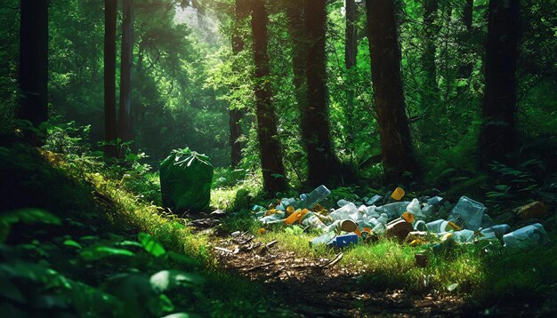 Botellas de plástico y basura en el bosque