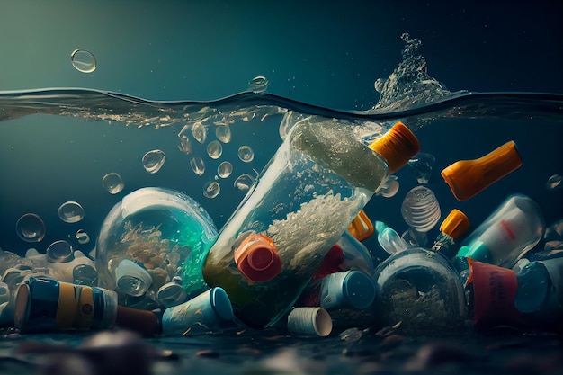 Botellas de plástico de basura a la deriva en el ai oceangenerative