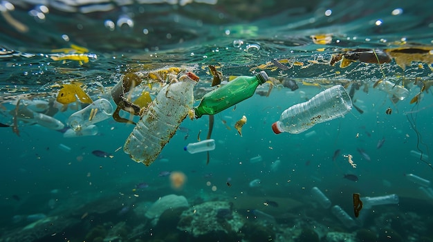 Foto botellas de plástico basura residuos plásticos microplásticos flotando en el océano abierto generativo ai