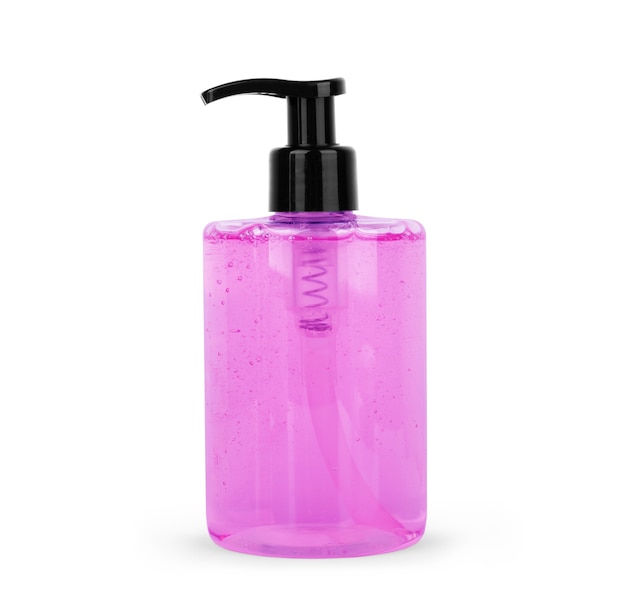 Botellas de plástico de color púrpura para el baño sobre fondo blanco.
