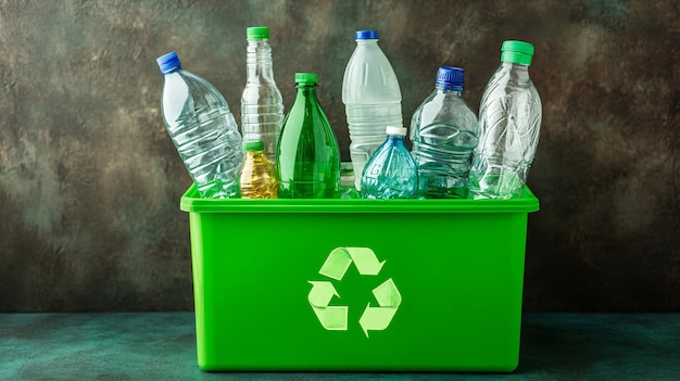 Botellas de plástico en un contenedor de reciclaje verde Concepto de reciclado y medio ambiente