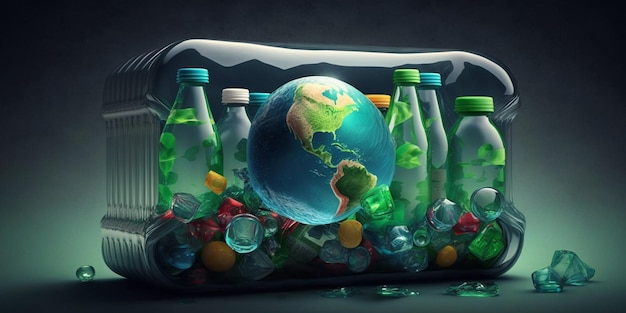 Botellas de plástico en contenedores de reciclaje para la campaña del día de la tierra