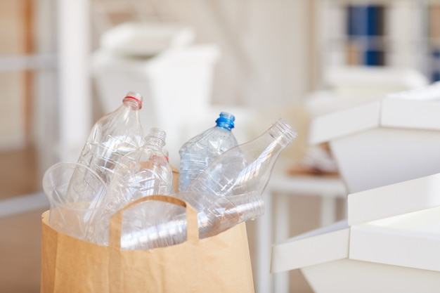 Botellas de plástico desechadas en una bolsa de papel lista para reciclar en el interior de la casa