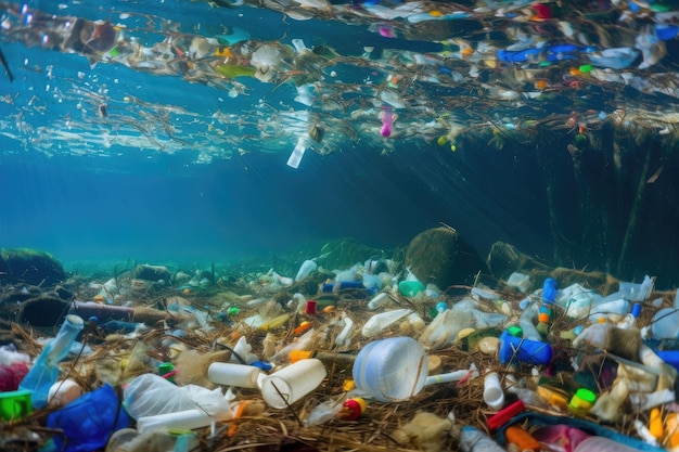 Las botellas de plástico flotan en el océano.