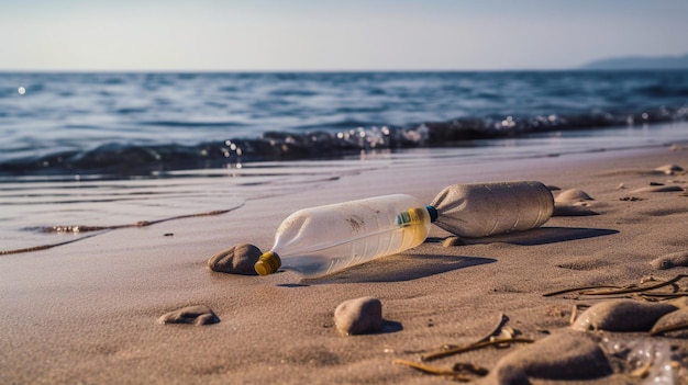 Botellas de plástico de IA generativa en la playa