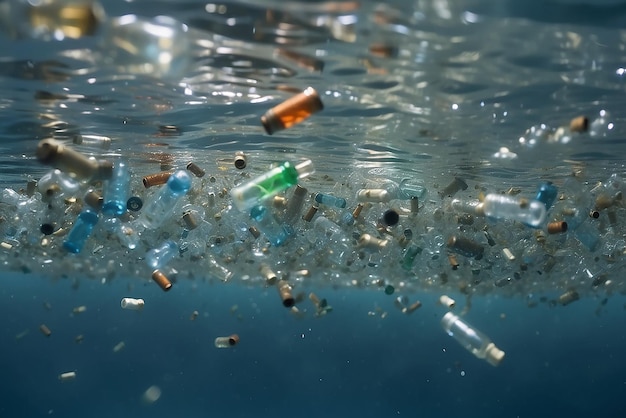 Foto botellas de plástico y microplásticos flotando en el océano