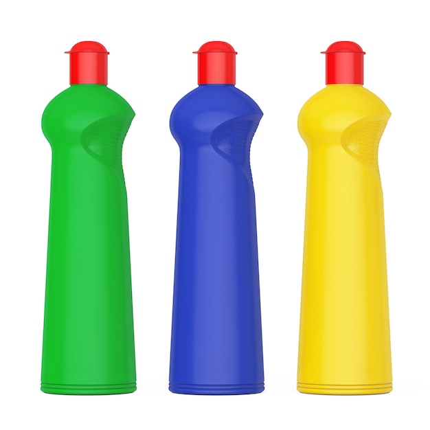 Botellas de plástico multicolor para detergente líquido sobre un fondo blanco. Representación 3D.