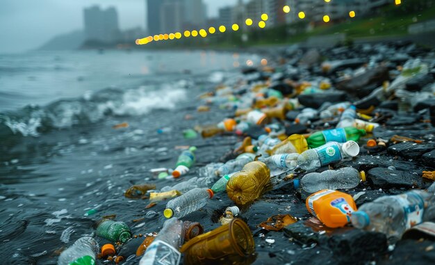 Botellas de plástico y otra basura en la playa