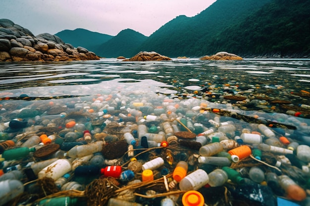 botellas de plástico y otros en el agua contra las montañas Contaminación del mar o del océano con desechos plásticos