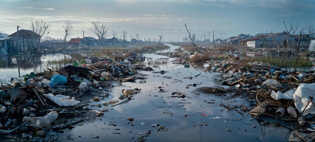 Las botellas de plástico, el vidrio, el agua contaminada del lago o del río en el bosque, el reciclaje ecológico sucio