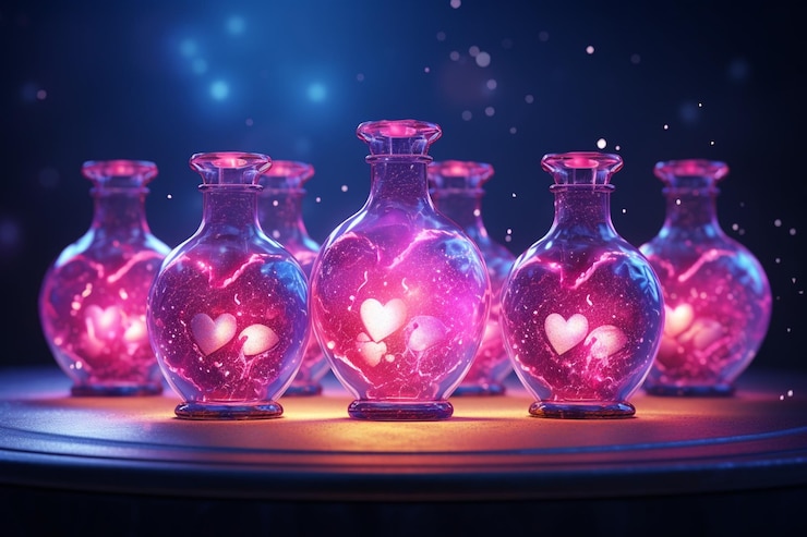 Foto botellas de poción de amor brillantes dispuestas en un corazón