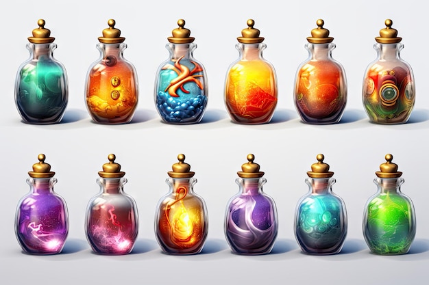 botellas de poción de fantasía ornamentadas elementos del juego spritesheet veneno de mana en fondo blanco