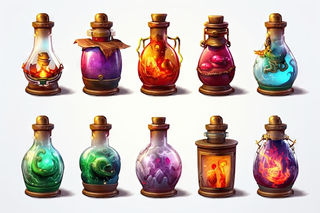 botellas de poción de fantasía ornamentadas elementos del juego spritesheet veneno de mana en fondo blanco