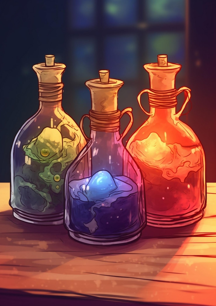 Foto botellas de poción ilustración de magia de fantasía