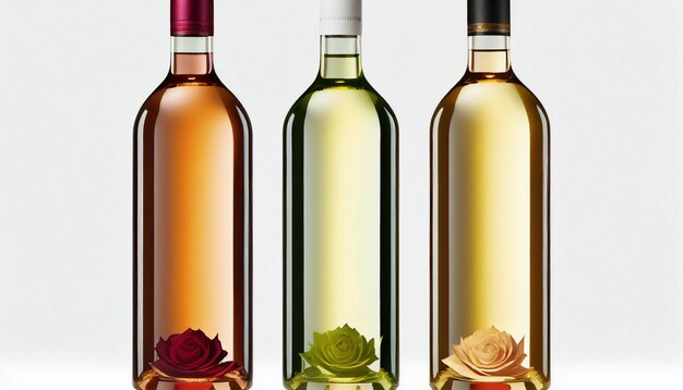 Botellas realistas de rosa roja y vino blanco sobre fondo blanco IA generativa