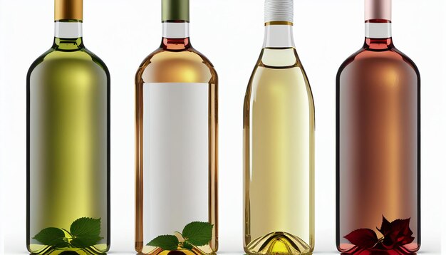 Botellas realistas de rosa roja y vino blanco sobre fondo blanco IA generativa