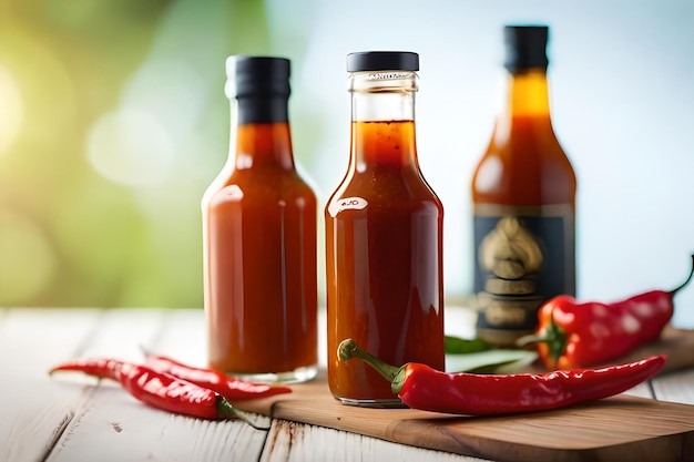 Botellas de salsa de soja en una mesa de madera