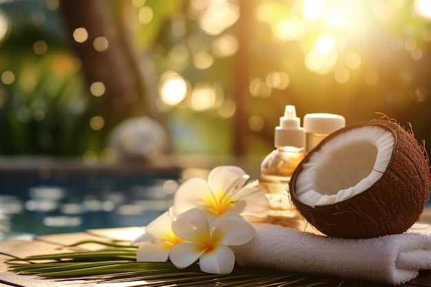 Botellas de spa con aceite esencial de coco y productos de spa a la luz del atardecer