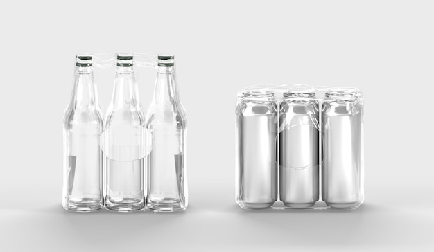 Botellas transparentes y latas en envoltura de plástico para refrescos o cerveza 3d render Conjunto realista de seis frascos de aluminio y vidrio en blanco en bebidas transparentes aisladas sobre fondo blanco
