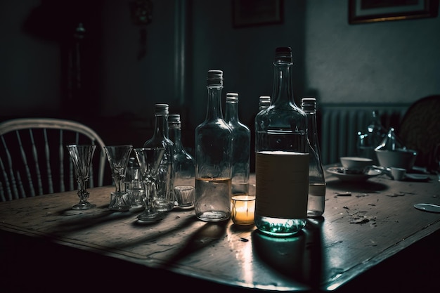 Botellas y vasos vacíos en la mesa en la habitación después de la fiesta a altas horas de la noche creados con ai generativo