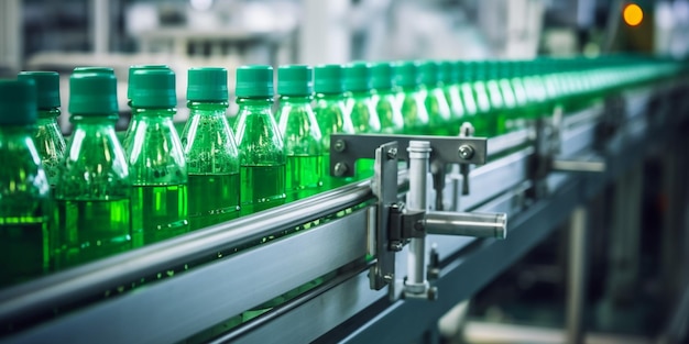 Foto las botellas verdes de refresco están en una cinta transportadora.