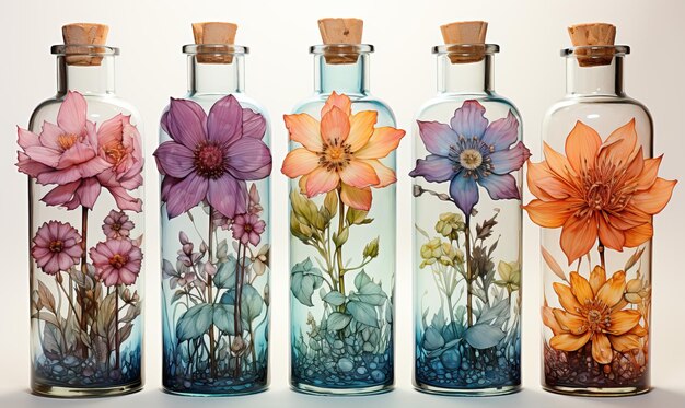 Botellas de vidrio acuarela con flores sobre fondo blanco Enfoque suave selectivo