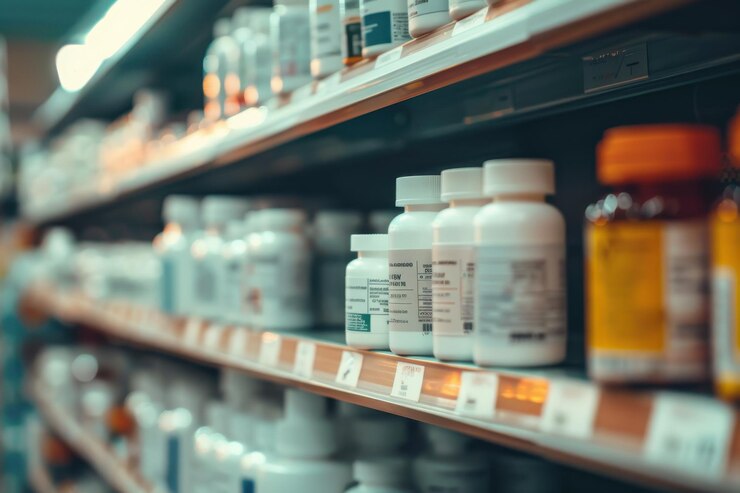Botellas de vidrio ámbar con cápsulas cuidadosamente dispuestas en estantes de madera en una farmacia o tienda de suplementos