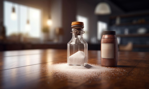 Foto botellas de vidrio con azúcar y sal en una mesa de madera