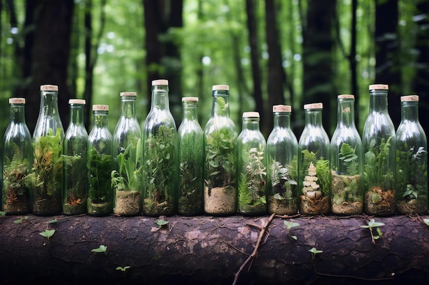 Foto botellas de vidrio en el bosque concepto de conservación de la naturaleza tonado